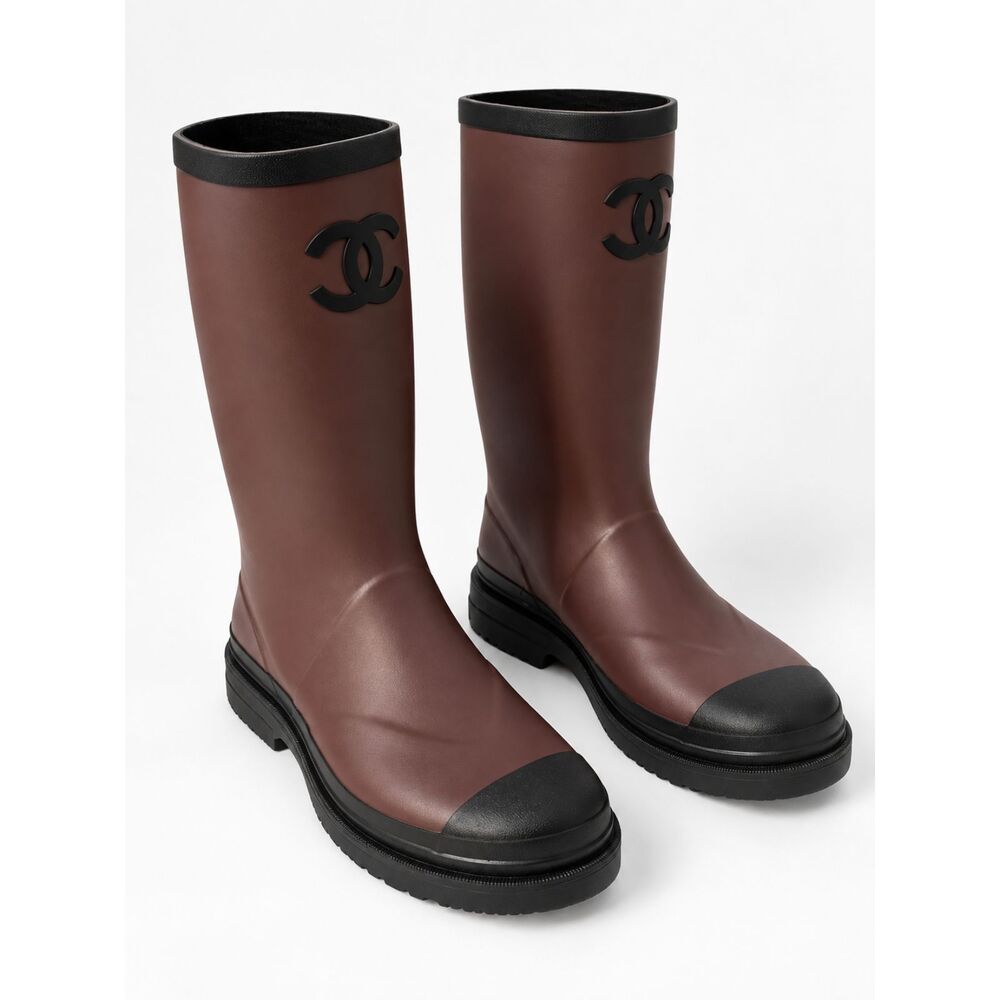 CHANEL Women’s Size 41 10.5 Burgundy Rubber Rain Boots CC Logo Made in France